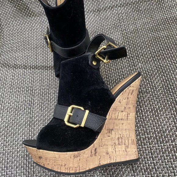 ~Ladies Shoe Dazzle Black Suede Gold Buckle Wedge Cork Slides/Heels~6.5M~NEW!~ - Picture 8 of 9